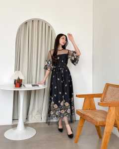 Long dress Sella Flow-84 Bahan Milova Premium Realpict LD 94-100 PJG 125 Bonus Tali pinggang