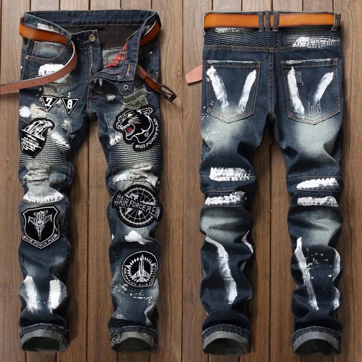 Mens Slim Denim Pants Destroyed Ripped Jeans Frayed Patch Jeans Hip Hop  Trousers | eBay