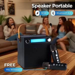 (TRENDY) Speaker Bluetooth Karaoke dengan 2 Mic Wireless Portable RGB Suara Jernih Full Bass 10W