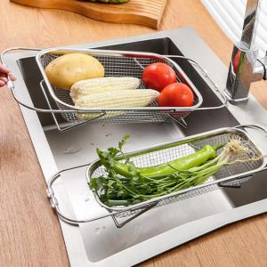 QFV5F Fine Mesh Expandable Sink Colander Stainless Steel Versatile Dish Drying Rack Dish Drainers Rustproof Sink Drainer Basket Vegetables