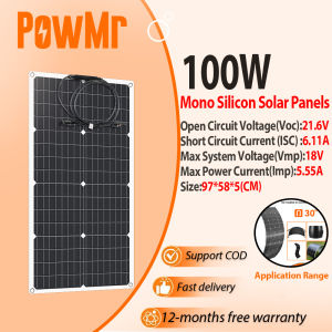PowMr 100W Solar Panel Flexible Monocrystalline Solar Cell DIY Cable Outdoor Car RV Waterproof Rechargeable Power System