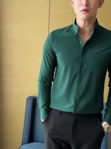 Men Dress Shirts British Style Stand Collar Formal Shirt Long Sleeve Business Casual Slim Fit Shirts Black White Men Clothing2026