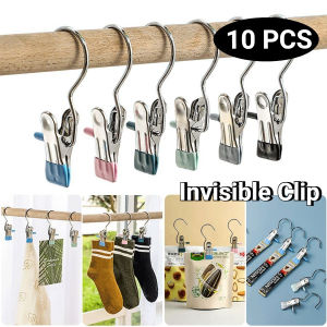 10Pcs Stainless Steel Clothespin Multi-purpose Clothes Drying Clips With Hook Sturdy Windproof Clothes Pegs Socks Towel Hanger