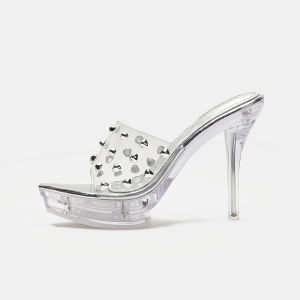YUCHEN 4.33 inches Mules for Women Crystal With Heels Sandals Laydis Slver Stiletto Clean Transparent High Heeled Slippers Shoes Size 35 - 43