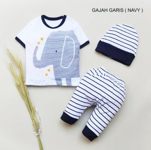Setelan Baju Anak Bayi Laki - Laki Gajah Garis Free Topi Satu Ukuran Usia 0-12 Bulan