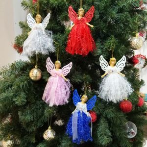 GVDBHFD with Shining Wings Christmas Angel Pendant Plastic Glitter Christmas Tree Topper Ornament Party Favors Gorgeous Dress Hanging Angel Doll Navidad