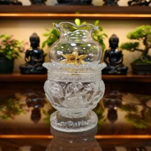 Bộ Đèn Dầu Lưu Ly Thủy Tinh Họa Tiết Sen Nổi Đế Vàng Cao Cấp – Đèn Thờ Cúng Sang Trọng Bền Đẹp (039)