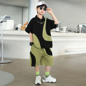 120-170CM Terno Set Summer Kids Boys Color-block Polo Shirt Set Middle-big Kids Short-sleeve T-shirt Shorts Casual Sports Two-piece Set