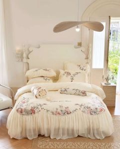 (FREESHIP MAX) SET 4 MÓN CHĂN GÂ GỐI LỤA SATEEN 100S BÈO REN THIẾT KẾ PHONG CÁCH PHÁP CHIIBEDDING