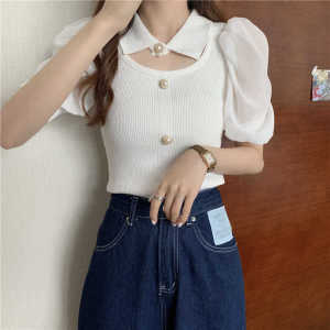 Fashion Korean Puff Sleeve Knitted Blouse for Women Princess Style Polo Collar Loose Fit Knitted Top Wedding