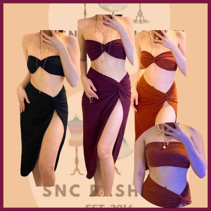 SnC, Rhians Swim wear, Swimsuit Summer outfit for womens terno beach, Knot  Bra Top and Long Skirt High Slit Knitted Fabric