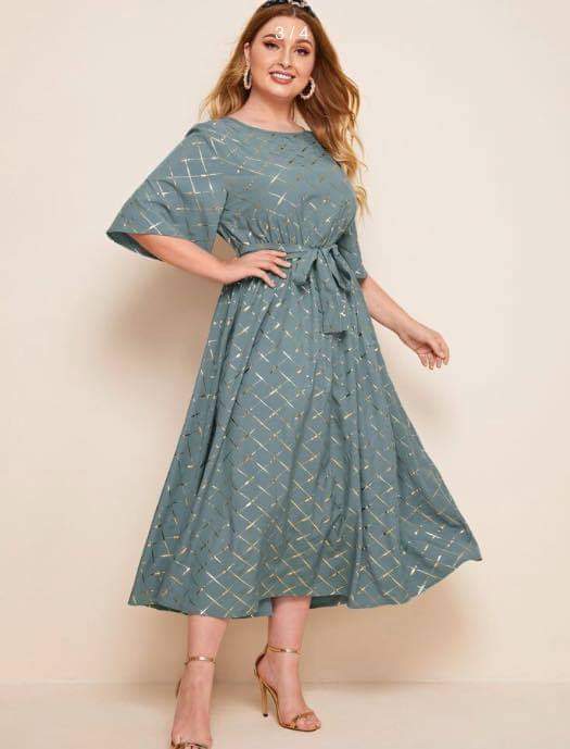 Plus Size Elegant Boat Neck Style Loose Sleeve Printed Flare Midi ...