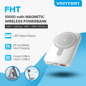 【Free Pouch】Vention FHT 10000mAh Magnetic Portable Wireless Power Bank (USB-C + Light Ning + USB-C + USB-A ) 22.5W Fast Charging Wireless Powerbank LED Display Type For iPhone 16 15 14 13 Pro Max Samsung S24 Ultra S23 S22 Xiaomi 13t 12t Cellphone