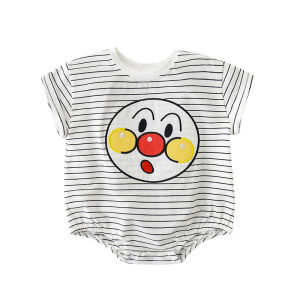 【SG stock】Infant stripe cartoon embroidered triangle climbing suit baby short sleeve fart wrap  Summer Rompers