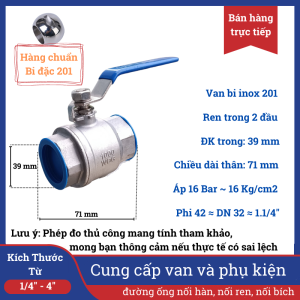 Van bi inox 201 tay gạt nối ren trong hai đầu có đủ kích thước