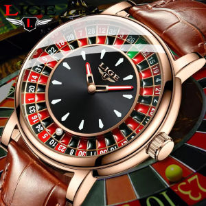 LIGE Fashion Men Watch Luxury Creative Roulette Game Dial Design Leather Casual Waterproof Watches for Men Quartz Watch Gifts+