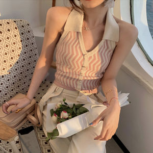 Groove_grace 88041 เสื้อกล้ามแขนกุดคอปกกระดุมหน้าลายเส้นทะเลสุดฮิต