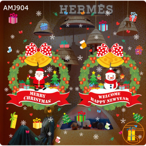 Decal Noel Trang Trí 2 Cửa Kính Welcome Happy New Year & Merry Christmas Mẫu Dán Tĩnh Điện Không Để Lại Keo