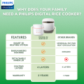 PHILIPS Mini Digital Rice Cooker 0.54L - 3 Cups For Small Families, Auto Keep Warm HD3064/62. 