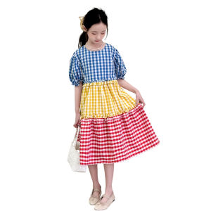 Korean Kids Cotton Plaid Patchwork Dress for Tweens Girl High Fashion Summer Clothes Outfit Child Long Style A-line Dresses