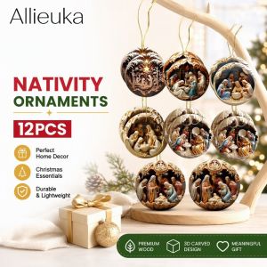 12 Pcs Christmas Nativity Wooden Ornaments 3D Effect Hanging Decor For Xmas Tree Home Birthday Baby Shower Easter Party Decoration