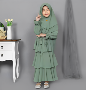 Gamis Babydoll Anak Perempuan Muslim Ceruty Lengan Panjang Motif Polos Warna Burgundy/Blue/Brown