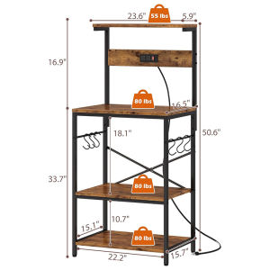 Kitchen Organizers Storage Rack with Power Outlet 4 Tiers Kitchen Microwave Stand with 6 S-shaped Hooks Coffee Bar Station Kitchen Storage Shelf Rack for Spices Pots and Pans