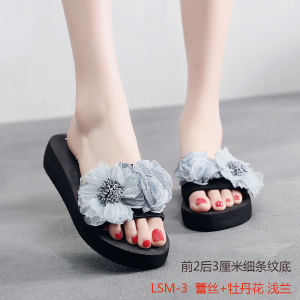 [Free Shipping] Summer Lace Peony Sandals WomenS Thick-Soled Beach Sandals Fashionable Outdoor Wear 3Cm Heel