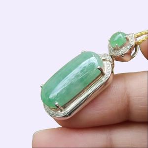 High Quality Rare Green Cabochons on Natural Type A Jadeite Jade set with S925 as Pendant certificate weighs 5.44 grams measurement 34.2 * 13.3 * 9.1 mm (s925p4)