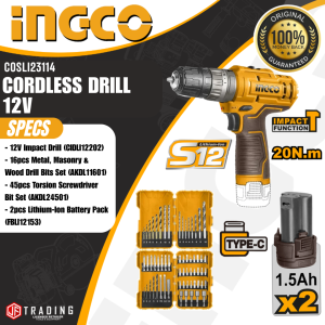 Ingco Lithium-Ion Cordless 12V Impact Drill with 16pcs Metal Masonry & Wood Drill Bits Set COSLI23114 100% AUTHENTIC HIGH QUALITY HEAVY DUTY ♦JF TRADING♦