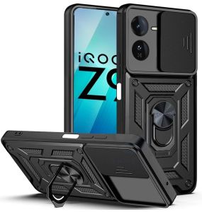 iQOO Z9 / iQOO Z9X Case with Slide Camera Cover Military Grade Shockproof Protective 360° Rotating Ring Stand [Compatible Magnetic Car Mount] Bumper Back Cover Holder & Sliding Camera Shield Cover 360 Degree Protection Back 4g 5g Z 9 X iQ OO i QOO 0 VIVO