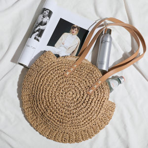 Tas Pantai Korea Rotan Besar Pantai Polos bulat Straw Shoulde Bag Bali Tas Bahu Kasual Korea Tas Anyaman Rotan Pantai Besar Rattan Beach Straw Bag