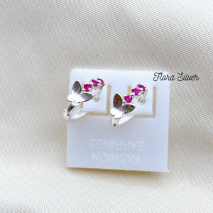 FLORA 0187B - Bông tai bạc ta hình bướm đính đá hồng trắng dành cho bé gái