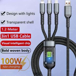 100W 3 in 1 Super Fast Charging Cable 6A Micro USB Type C Data Cable for Samsung Android iOS Portable