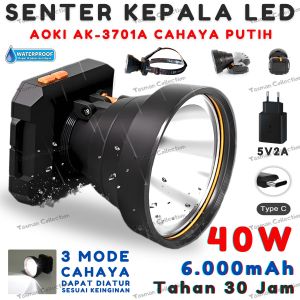 Senter Kepala LED 40W / 6000mAh Cahaya Putih Tahan 30Jam Cas Tipe-C Mangkuk Alumunium AOKI AK-3701A