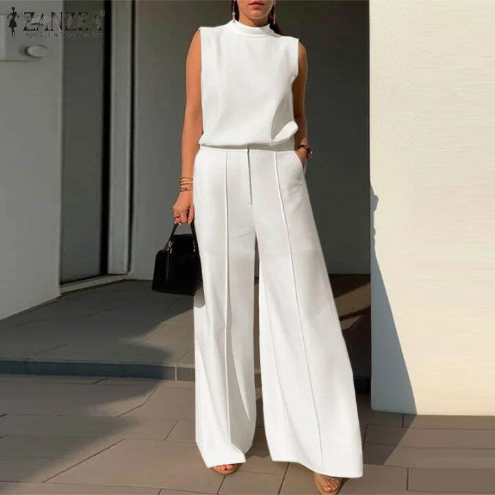 Zanzea Womens 2pcs Sets Elegant Stand Neck Sleeveless Tank Blouse Wide Leg Loose Straight Pants 1514