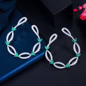 SEQUITO Brand Designer Leaf Hollow Out Green Cubic Zircon Stone Setting Silver Plated Geometric U Shape Statement Big Stud Earrings for Women SE502