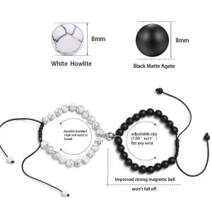2 Items Fashionable Magnet Heart-to-Heart Couple Style Love Heart Beaded Bracelet Set Adjustable