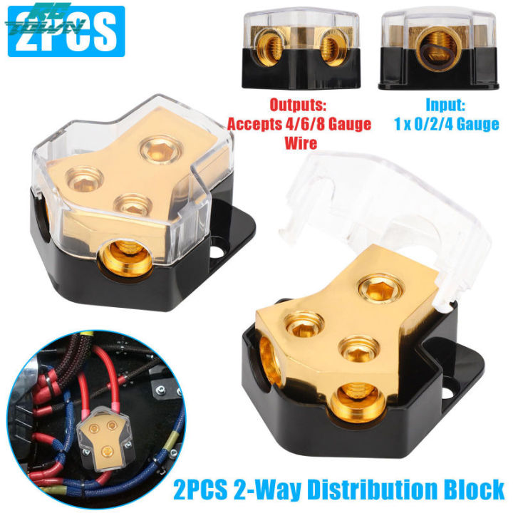 Laffoonparts 2-Pack Solid Brass Battery Terminal Connectors – 0/2/4 Gauge & 4/8 Gauge Outputs, Heavy Duty, Insulated Housing