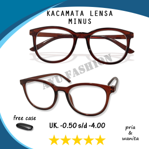 FREE CASE - Kacamata Minus Rabun Jauh Ready Ukuran -0.50 sampai -4.00 Untuk Pria Wanita Frame Oval Besar Warna Coklat Kilap Glossy Frame Ringan Gaya Korea Style Lensa Bening Frame Ringan - COD