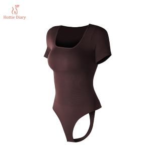[Hottie Diary] Short Sleeve Bodysuit - Buttoned Thong Shapewear - Brown Off-White New  - Fashionable and versatile piece - Available in sizes up to 3XL