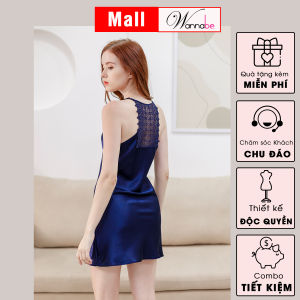 Đầm ngủ lụa WANNABE DNS43 váy ngủ 2 dây cổ yếm lưng phối ren xinh xắn xẻ 2 giữa 2 đùi làm tăng nét nữ tính quyến rũ của bạn gái