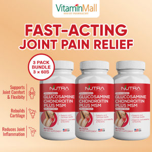 BUNDLE OF 3 - Nutra Botanics Triple Strength Glucosamine 1500mg Chondroitin MSM Fast Acting Joint Pain Relief Supplement - Knee Pain Relief