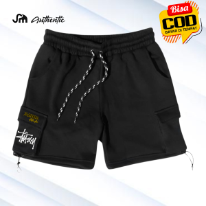 Celana Pendek Pria Los Angeles Shorpant Fleece Casual Hitam dengan Pinggang Elastis dan Desain Trendi