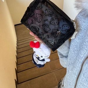 Phụ nữ túi lưu trữ dễ thương lưới đen Kitty xách tay Túi đựng mỹ phẩm sức chứa lớn