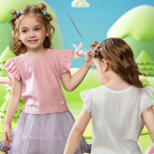 kangle Girls Tops Short Sleeves Silk Fabric Flutter Sleeve Cute Tops For Kids 1-6yrs