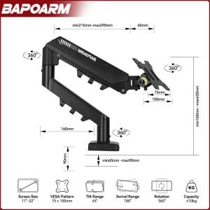 Bapoarm A1Monitor Arm Desktop Stand 10kg Capacity Fits 17-32 Inch Anti-Sagging Design