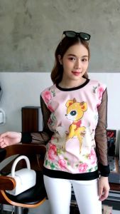 💥 เสื้อแขนซีทรูงานเกาหลี, เสื้อลำลองลายการ์ตูน, รุ่น06