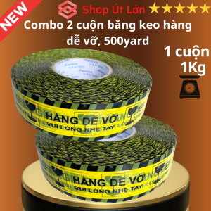 Combo 2 cuộn băng keo hàng dễ vỡ 500yard nặng 1kg rông 47cm lõi 5mm Mua từ 6 cuộn được kèm dao cắt.