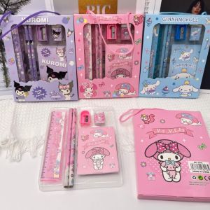 6Pcs/Set Sanrio Stationery Set Kawaii Hellokitty Melody Kuromi Cinnamoroll Childrens School Supplies Pencil Eraser Ruler Christmas Gifts